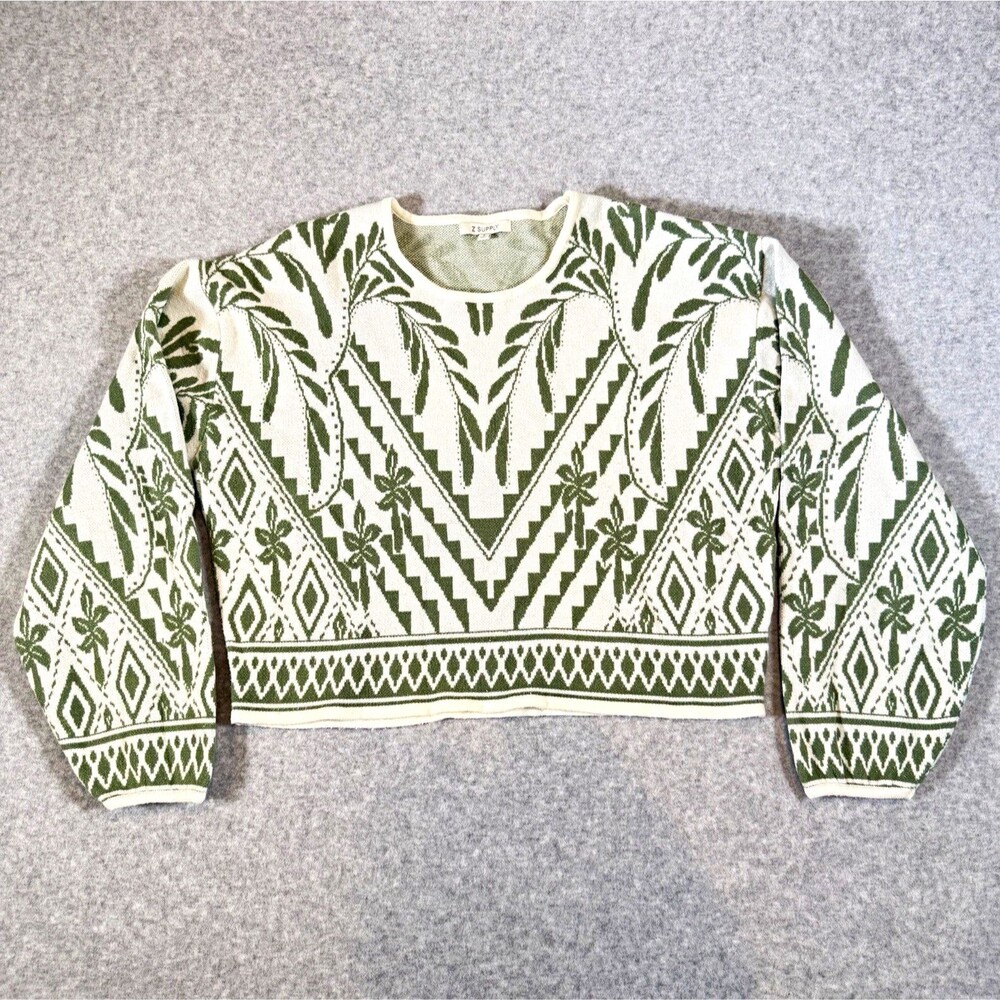 Z Supply Yeva Palm Green Cropped Knit Sweater Pullover M Boho Southwestern White